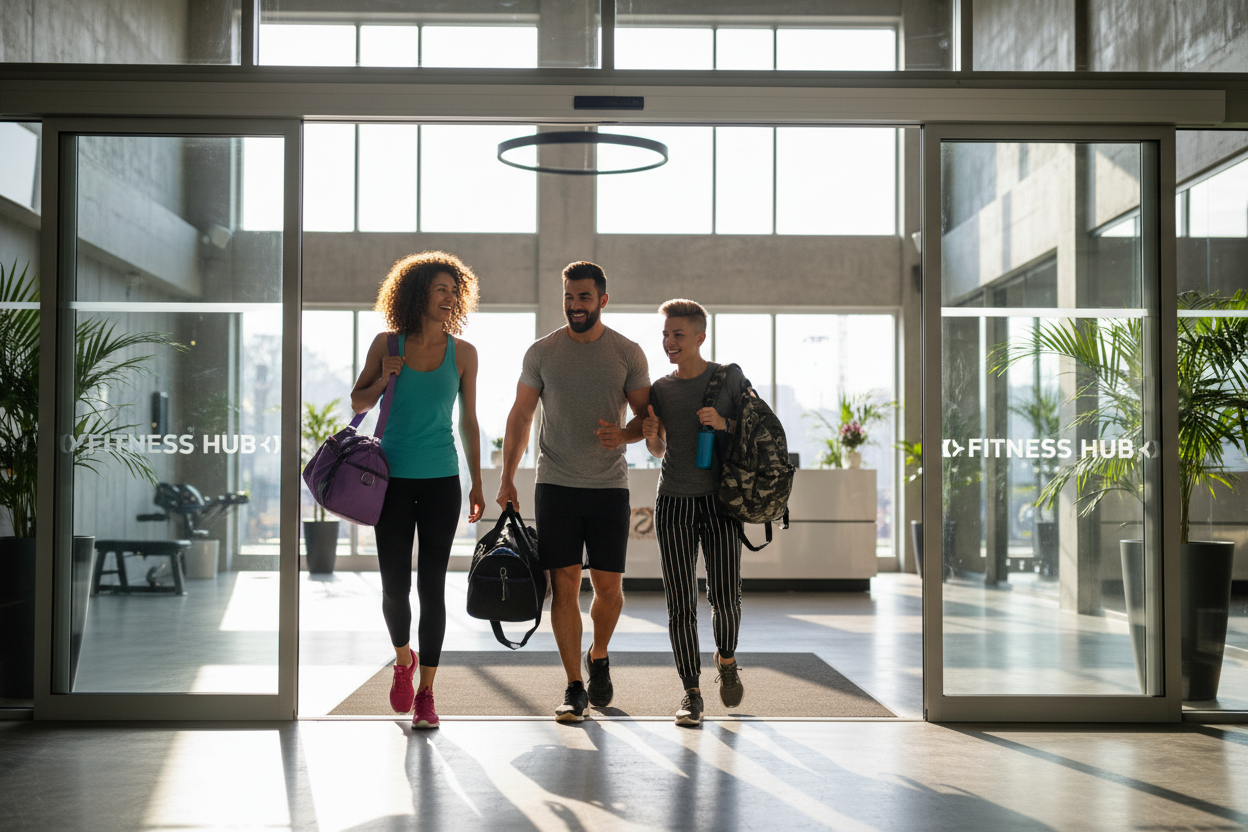 tres personas contentas entrando a un gym con bolsas de deporte